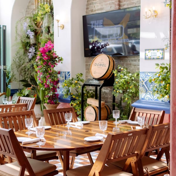 Outdoor dining area with a large wooden table, chairs, lush plants, and a TV screen.